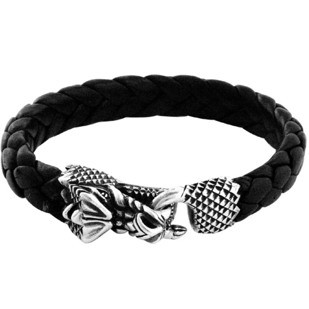 King Baby Studio woven leather bracelet with sterling silver dragon clasp 7.5in.